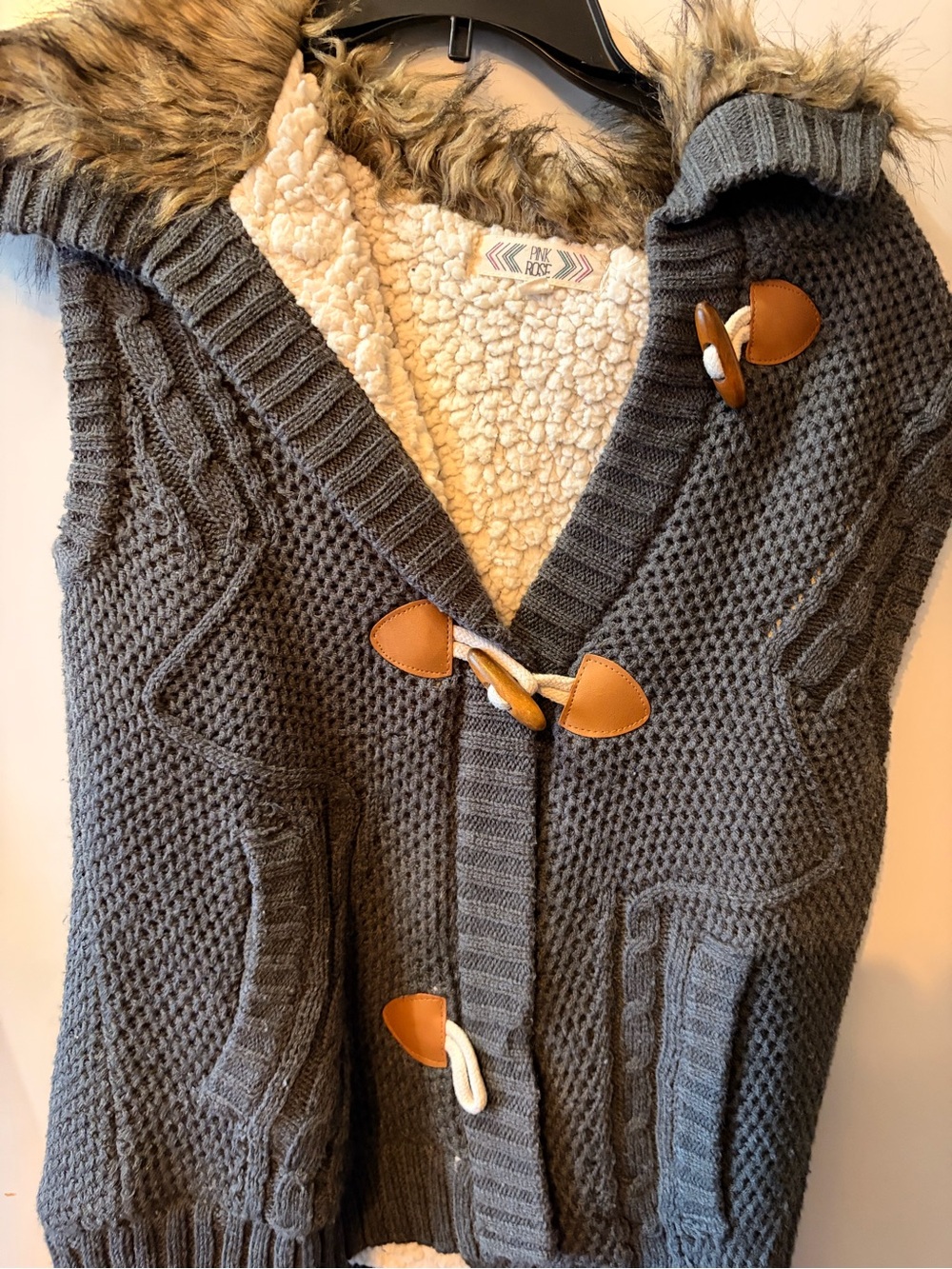 Pink Rose Gray Hooded Knit Vest with Faux Fur Trim